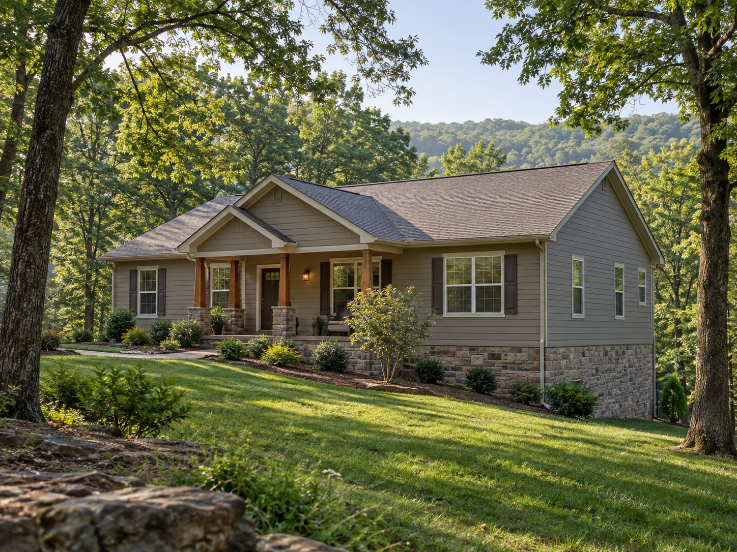 A home with a raised foundation on a wooded property